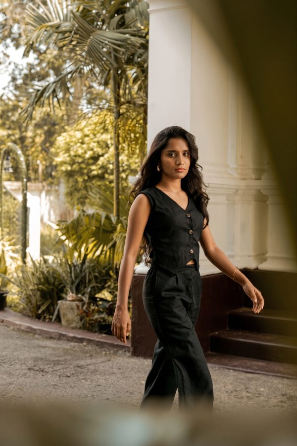Black linen waistcoat set on the Walawwa porch